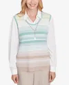 Alfred Dunner Petite Kensington Gardens Striped Vest Collared Two In One Sweater With Necklace In Neutral Multi