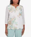 Alfred Dunner Petite Kensington Gardens Textured Knit Scroll Split Neck Top In Neutral Multi