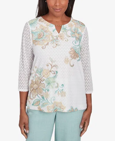Alfred Dunner Petite Kensington Gardens Textured Knit Scroll Split Neck Top In Neutral Multi