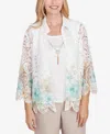 Alfred Dunner Petite Kensington Gardens Two In One Lace Floral Top With Necklace In Neutral Multi