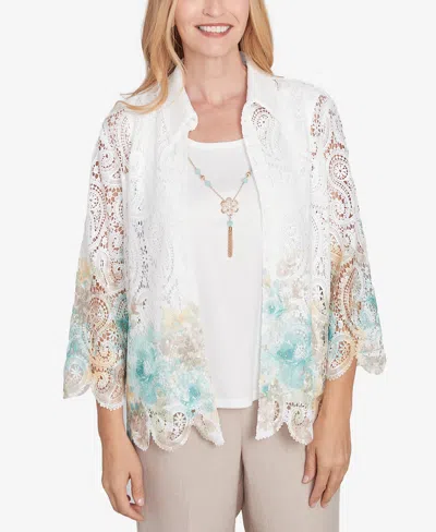 Alfred Dunner Petite Kensington Gardens Two In One Lace Floral Top With Necklace In Neutral Multi