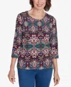 Alfred Dunner Petite Key Items Abstract Leaf Print Three Quarter Sleeve Top In Multi
