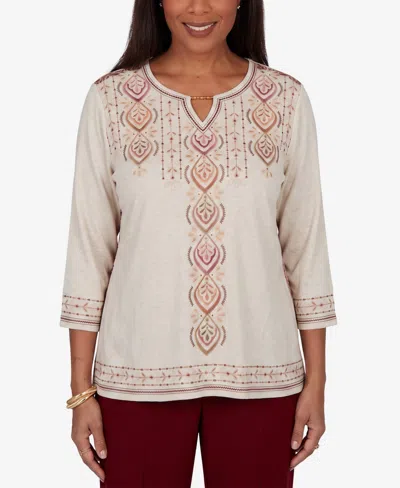 Alfred Dunner Petite Keyhole Neck 3/4-sleeve Blouse In Oatmeal