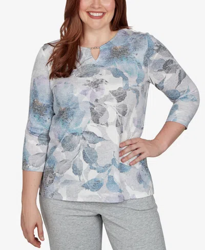Alfred Dunner Petite Keyhole Neck 3/4-sleeve Floral-print Knit Top In Blue Multi