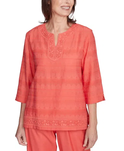 Alfred Dunner Petite Lace-trim Split-neck 3/4-sleeve Top In Tangerine