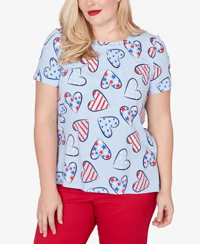 Alfred Dunner Petite Lady Liberty American Flag Hearts Printed Short-sleeve T-shirt In Blue