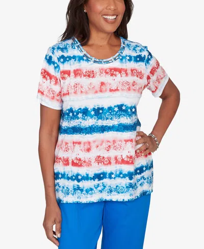 Alfred Dunner Petite Lady Liberty Americana Tie-dye Stripes Short-sleeve T-shirt In Multi