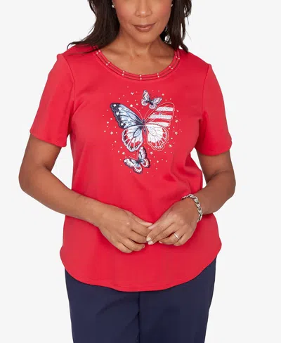 Alfred Dunner Petite Lady Liberty Sparkling Americana Butterfly Crewneck T-shirt In Red