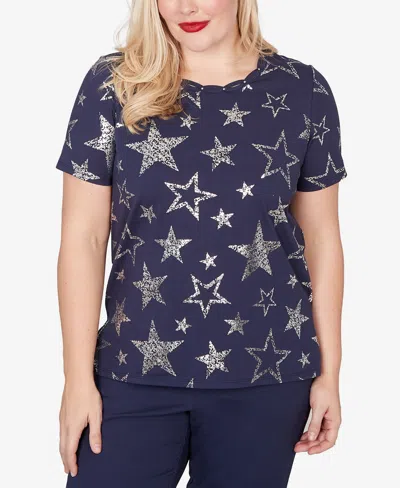 Alfred Dunner Petite Lady Liberty Sparkling Foil Stars Short-sleeve T-shirt In Blue