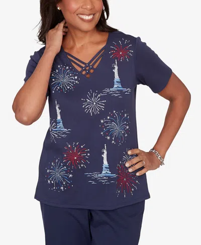 Alfred Dunner Petite Lady Liberty Statue Of Liberty Fireworks V-neck T-shirt In Blue