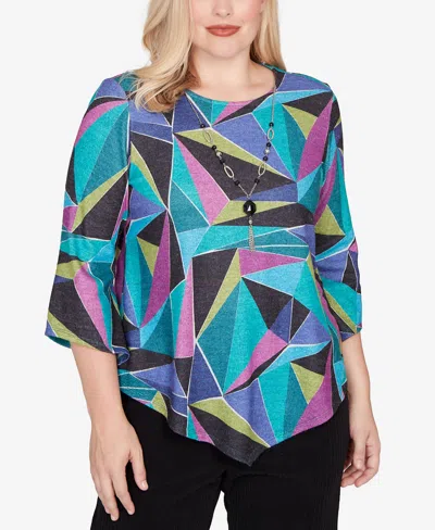 Alfred Dunner Petite Lake Champlain Abstract Stained Glass Top With Necklace In Multi