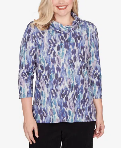 Alfred Dunner Petite Lake Champlain Animal Melange Three Quarter Sleeve Top In Multi