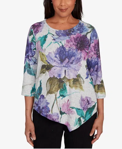 Alfred Dunner Petite Lake Champlain Asymmetrical Watercolor Flower Top In Multi