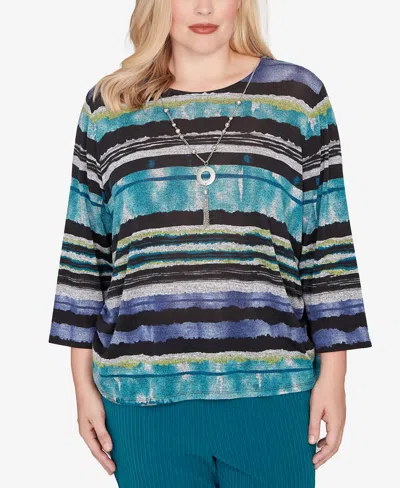 Alfred Dunner Petite Lake Champlain Biadere Melange Stripe Top With Necklace In Multi