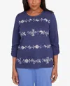 Alfred Dunner Petite Lake Champlain Embroidered Scroll Ruched Sleeve Top In Purple