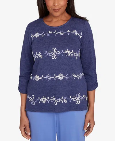 Alfred Dunner Petite Lake Champlain Embroidered Scroll Ruched Sleeve Top In Purple
