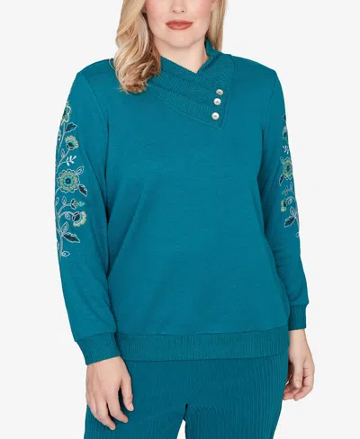 Alfred Dunner Petite Lake Champlain Embroidered Sleeve Button Detail Top In Blue
