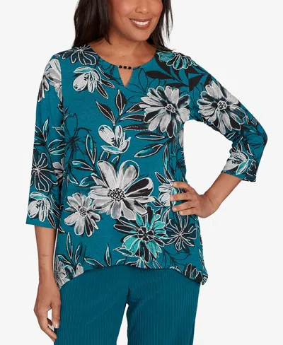 Alfred Dunner Petite Lake Champlain Floral Printed Beaded Neck Top In Blue