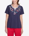 Alfred Dunner Plus Size Land Of The Free Butterfly Criss-cross Crew Neck Top In Navy