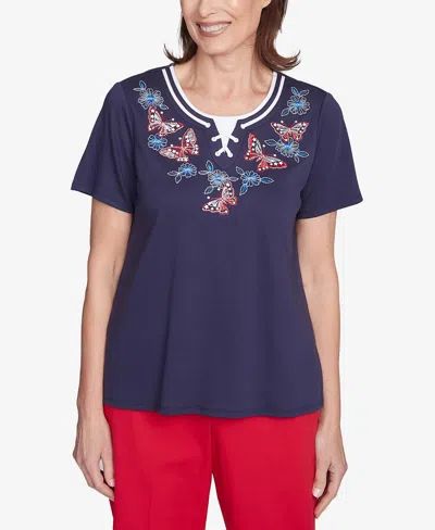 Alfred Dunner Petite Land Of The Free Butterfly Criss-cross Crew Neck Top In Navy