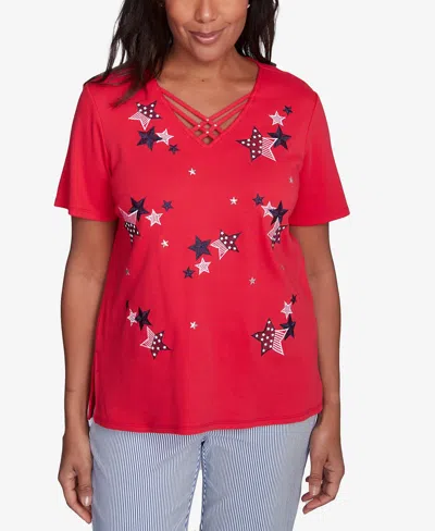 Alfred Dunner Petite Land Of The Free Embroidered Stars Crisscross V-neck Top In Red