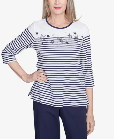 Alfred Dunner Petite Land Of The Free Striped Star Studded Crew Neck Top In Navy Multi