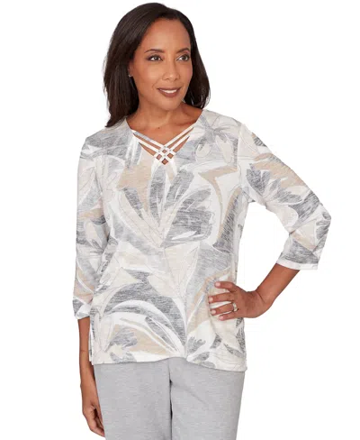 Alfred Dunner Petite Leaf Print Crossover V-neck Top In Multi