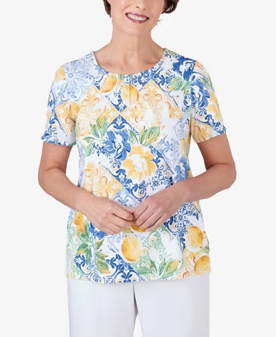 Alfred Dunner Petite Lemons Pleated Neck Short Sleeve Top In Multi