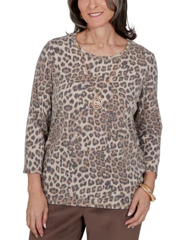 Alfred Dunner Petite Leopard-print 3/4-sleeve T-shirt In Animal Print