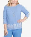 Alfred Dunner Petite Medallion Bordered Periwinkle Top With Necklace In Blue