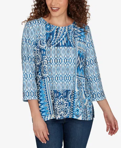 Alfred Dunner Petite Medallion Navy Patchwork Knit Top In Blue