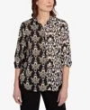 Alfred Dunner Petite Medallion Twin Print Button Front Top In Black Multi