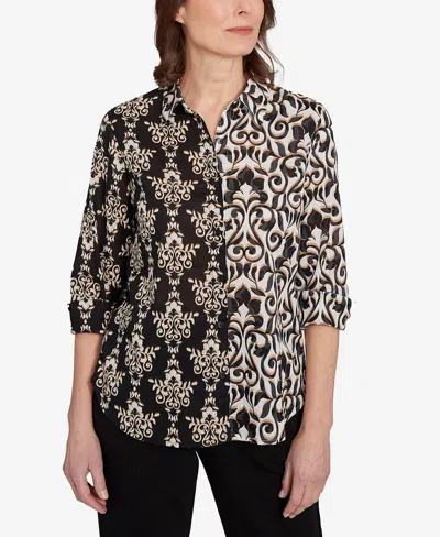 Alfred Dunner Petite Medallion Twin Print Button Front Top In Black Multi