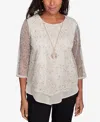 Alfred Dunner Plus Size Natural Instinct Popcorn Mesh Speckled Top With Necklace In Tan