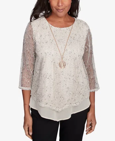 Alfred Dunner Petite Mesh Speckled Top With Necklace In Tan