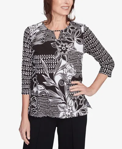 Alfred Dunner Petite Monotone Patch Beaded Split Neck Top In Black Multi