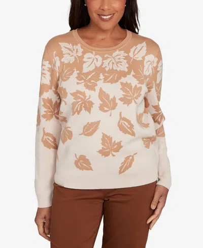 Alfred Dunner Petite Mount Laurel Falling Leaf Long Sleeve Sweater In Brown