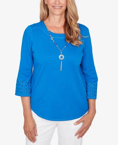 Alfred Dunner Petite Mykonos Eyelet Sleeve Solid Top With Necklace In Blue