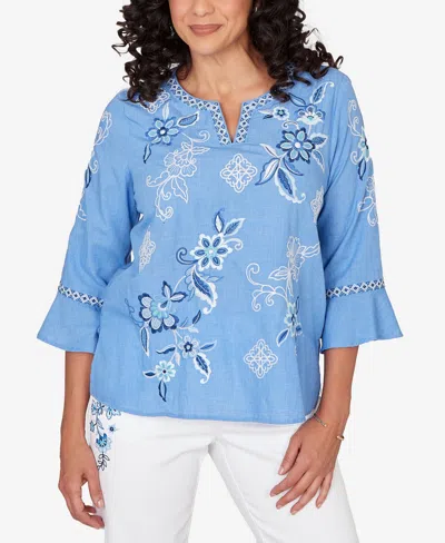 Alfred Dunner Petite Mykonos Floral Textured Embroidered Split Neck Top In Blue