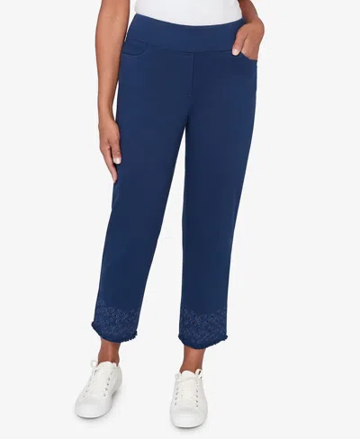 Alfred Dunner Petite Mykonos Geometric Embroidered Super Stretch Denim Ankle Pants In Blue