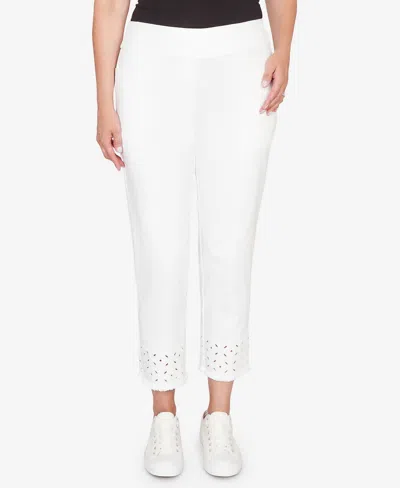 Alfred Dunner Petite Mykonos Geometric Embroidered Super Stretch Denim Ankle Pants In White