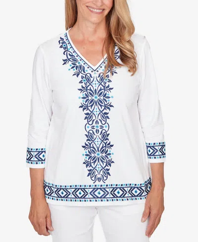 Alfred Dunner Petite Mykonos Scroll Embroidered V-neck Top In Multi