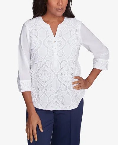 Alfred Dunner Petite Nantucket Lace Scroll Solid Henley Top In White