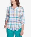 Alfred Dunner Women's Nantucket Plaid Knit Button Front Top In Marine Multi