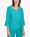 Alfred Dunner Plus Size Nantucket Solid Tie Front Bell Sleeve Top In Jade