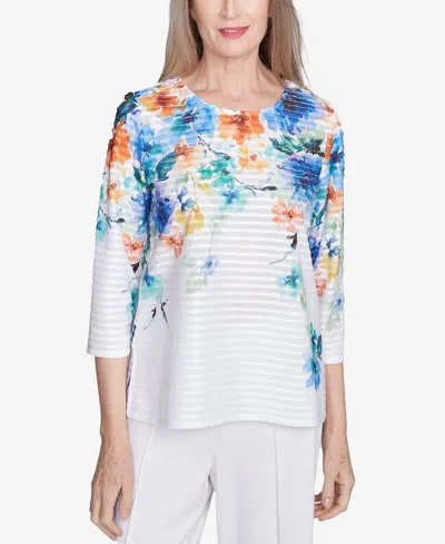 Alfred Dunner Petite Nantucket Textured Floral Neckline Top In Marine Multi