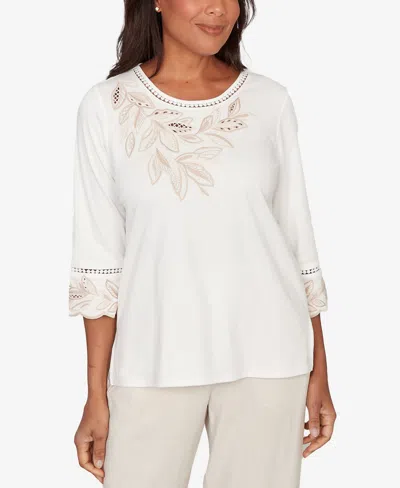 Alfred Dunner Petite Natural Wonder Embellished Leaf Ruffle Sleeve Top In White