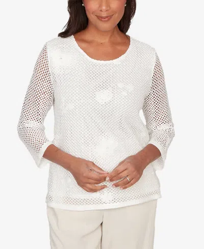 Alfred Dunner Petite Natural Wonder Sequin Mesh Flower Top In White