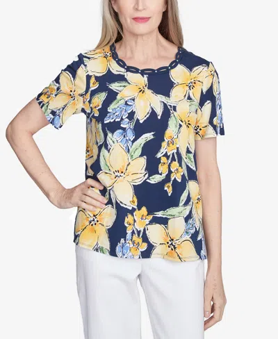 Alfred Dunner Petite Navy Floral Braided Crew Neck Top In Blue