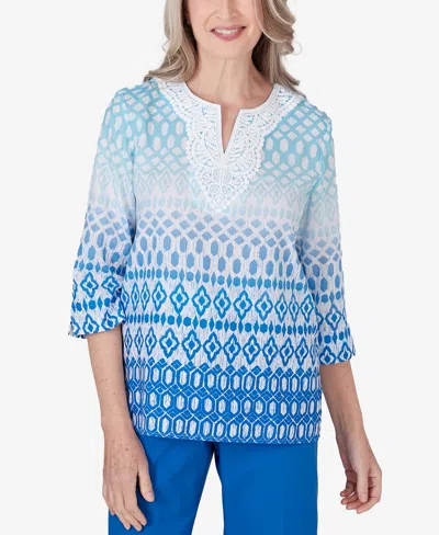 Alfred Dunner Petite Neptune Beach Ombre Diamond Print Tunic In Ocean Blue